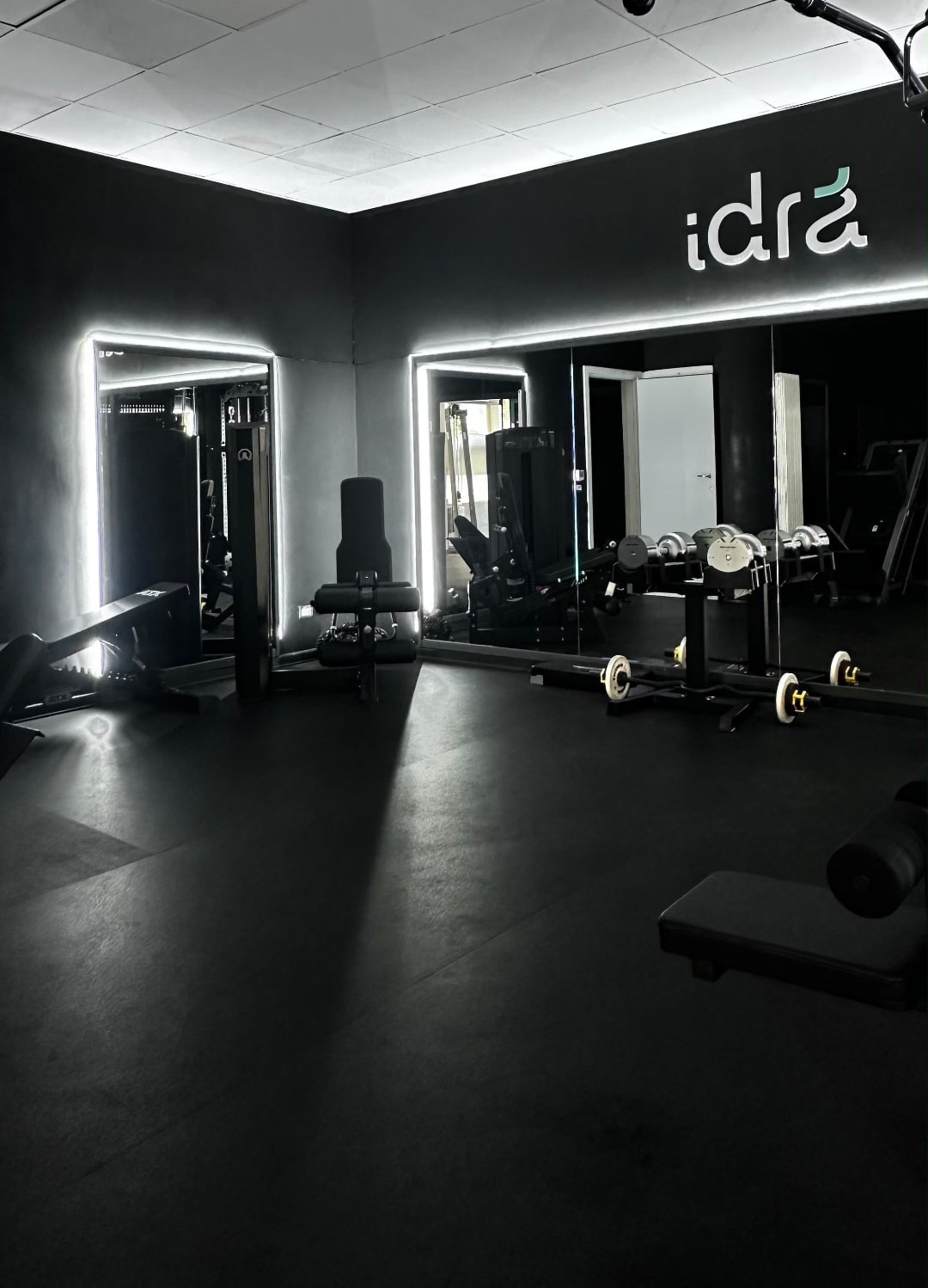 Sala pesi con panche, manubri e specchi sotto il logo idra retroilluminato nello studio privato di personal training a Trento