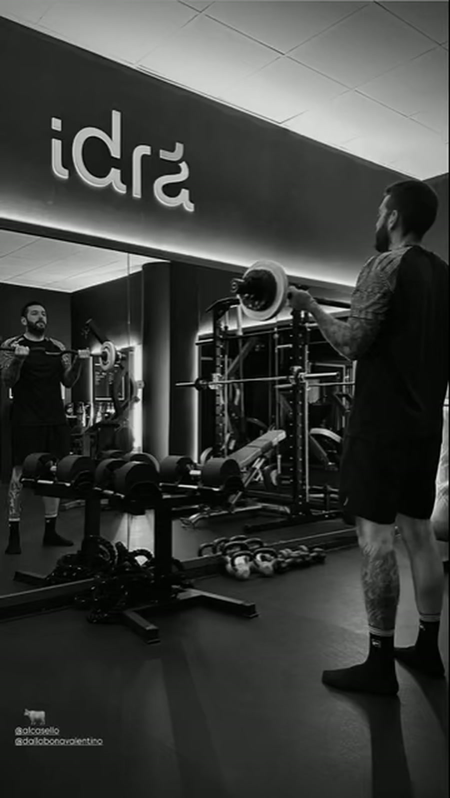 Barbell training in front of the mirrored wall, under the backlit idra logo, in the private studio in Trento