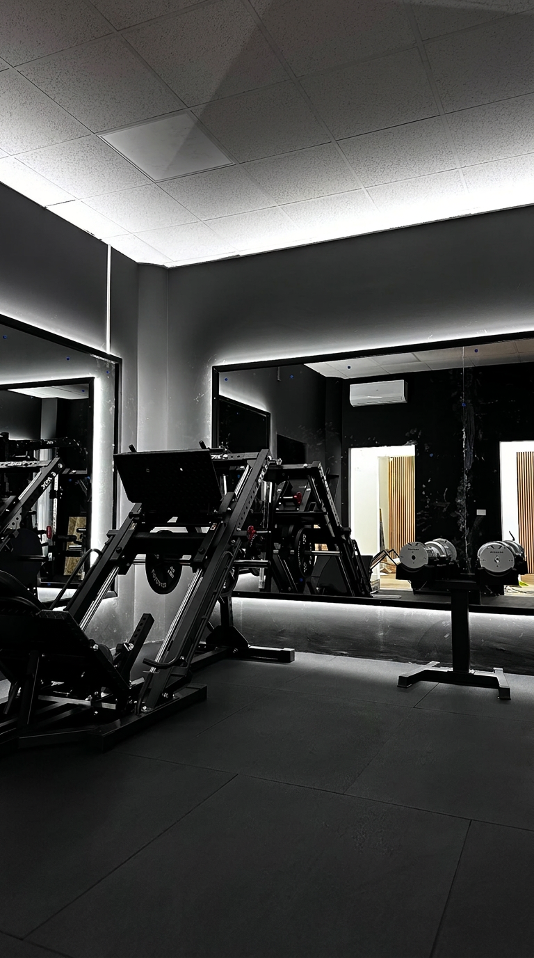 Leg press e hack squat ATX davanti alla parete a specchio nel nuovo studio privato di personal training a Trento