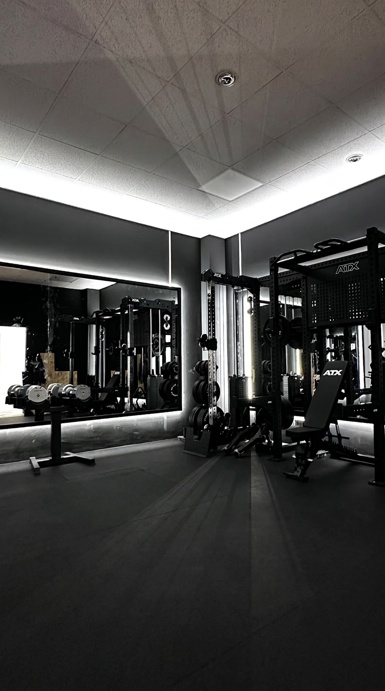Power rack ATX con stazione a cavi, manubri e panca nel nuovo studio privato di Trento